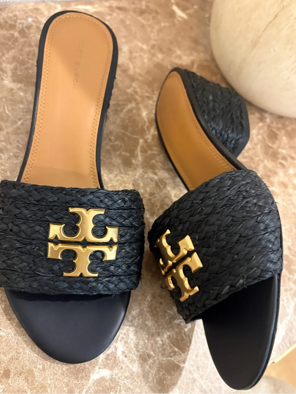 Tory Burch Black Raffia Slide Mules with Gold Logo